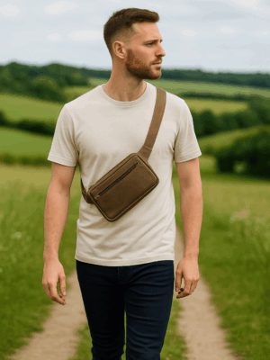 Sac bandoulière homme en cuir couleur tabac – format plat, anse réglable, poches pratiques