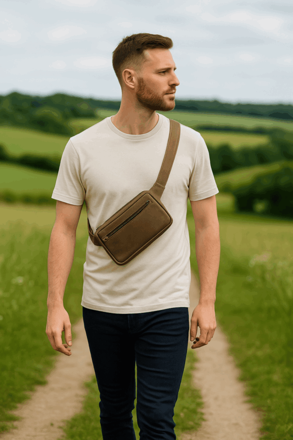 Sac bandoulière homme en cuir couleur tabac – format plat, anse réglable, poches pratiques
